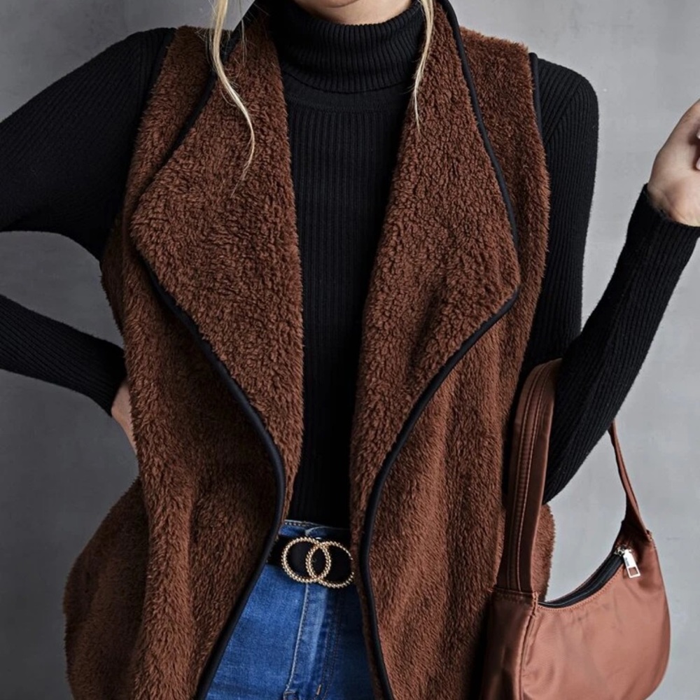 Teddy shearling faux fur waterfall vest jack coat brown black - Picture 1 of 4